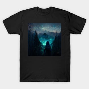 Black hooded witch in a forest with magical blue stars in the sky T-Shirt